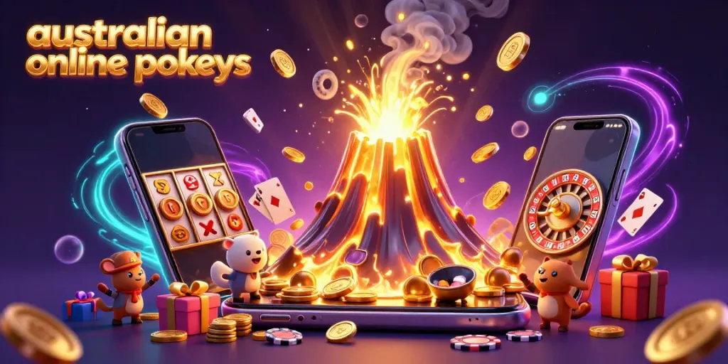 Experience australian online pokies with a vibrant scene of a golden volcano erupting gems and treasure.