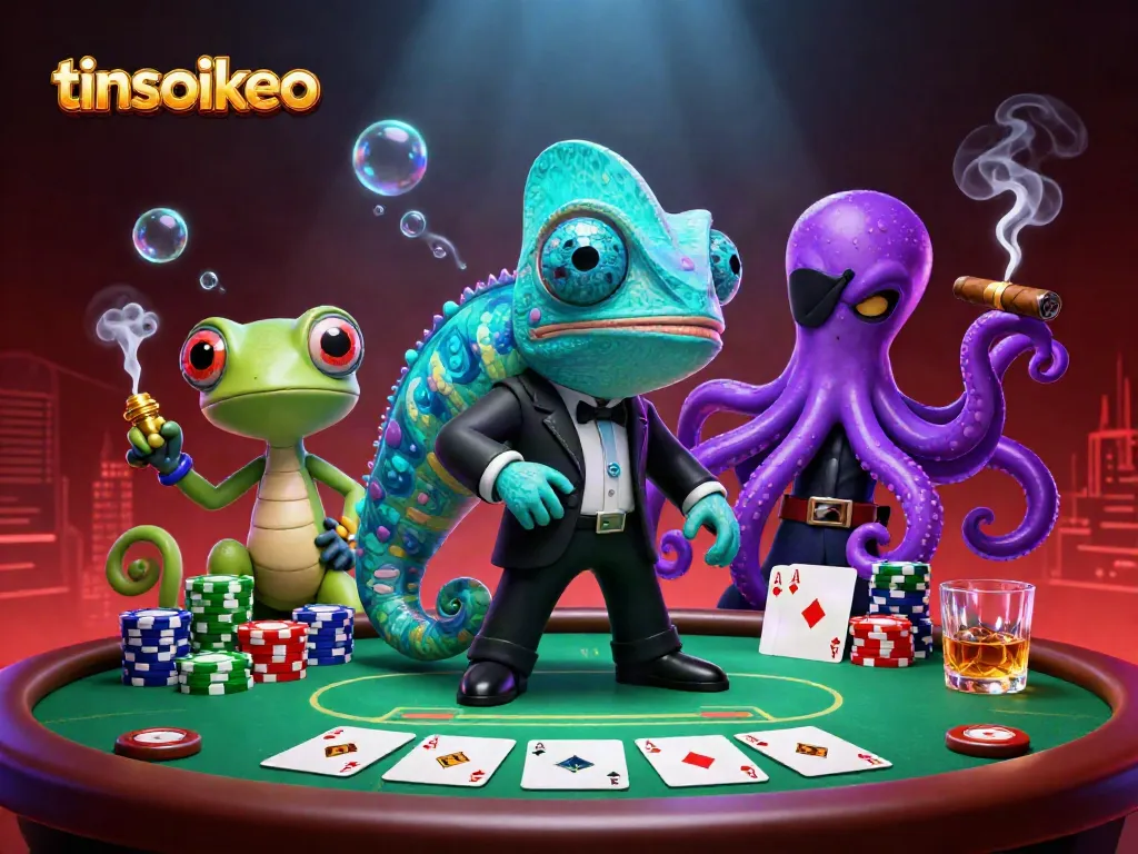Experience thrilling poker action with tinsoikeo featuring a unique blend of characters in a vibrant 3D scene.