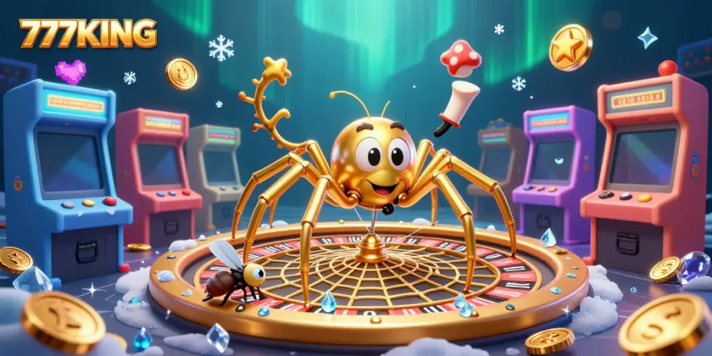 Spin your luck at 777KING with this vibrant 3D casino illustration featuring a playful spider and croupier.