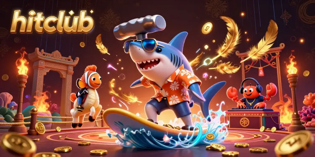 Engage with hitclub's vibrant gaming experience featuring a hammer-head shark surfing on gold coins surrounded by casino elements.