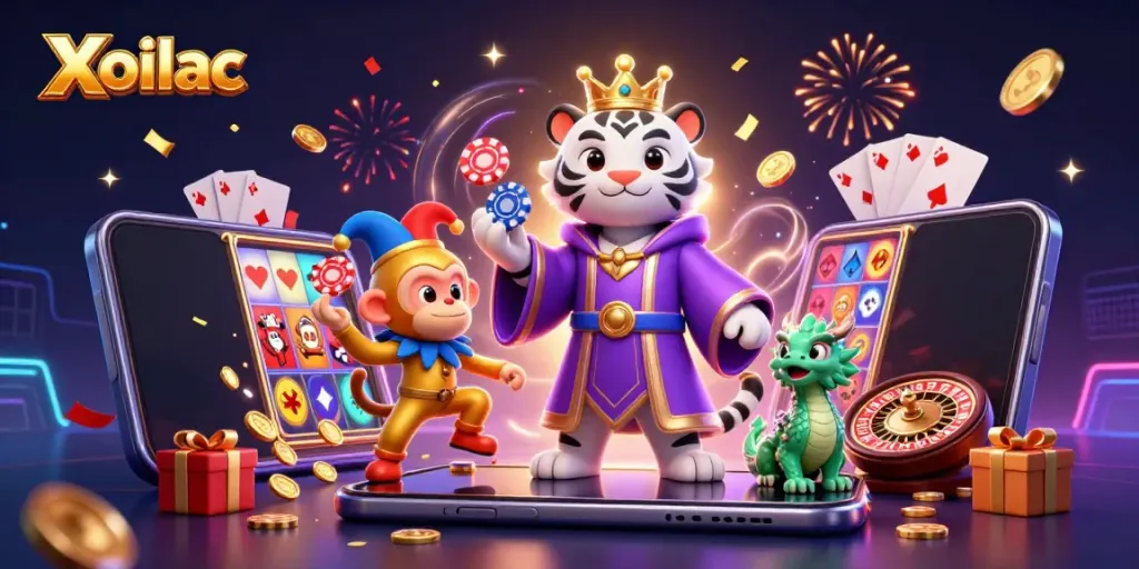 Xoilac brings excitement with a playful monkey and a majestic tiger amidst a casino-themed scene.