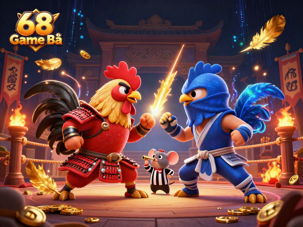 68 Game Bài features dynamic standoff between roosters in samurai and ninja gear with casino elements.