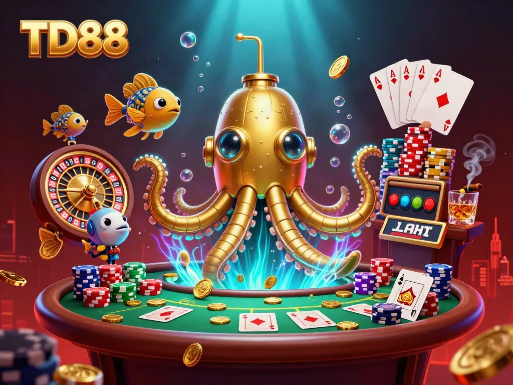 Experience the thrill of TD88 with a golden kraken submarine amidst poker elements.