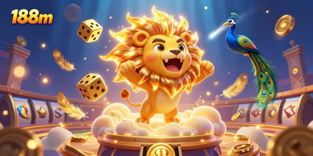 Engage in dynamic gameplay with 188m's exhilarating casino experience, featuring golden dice and vibrant characters.