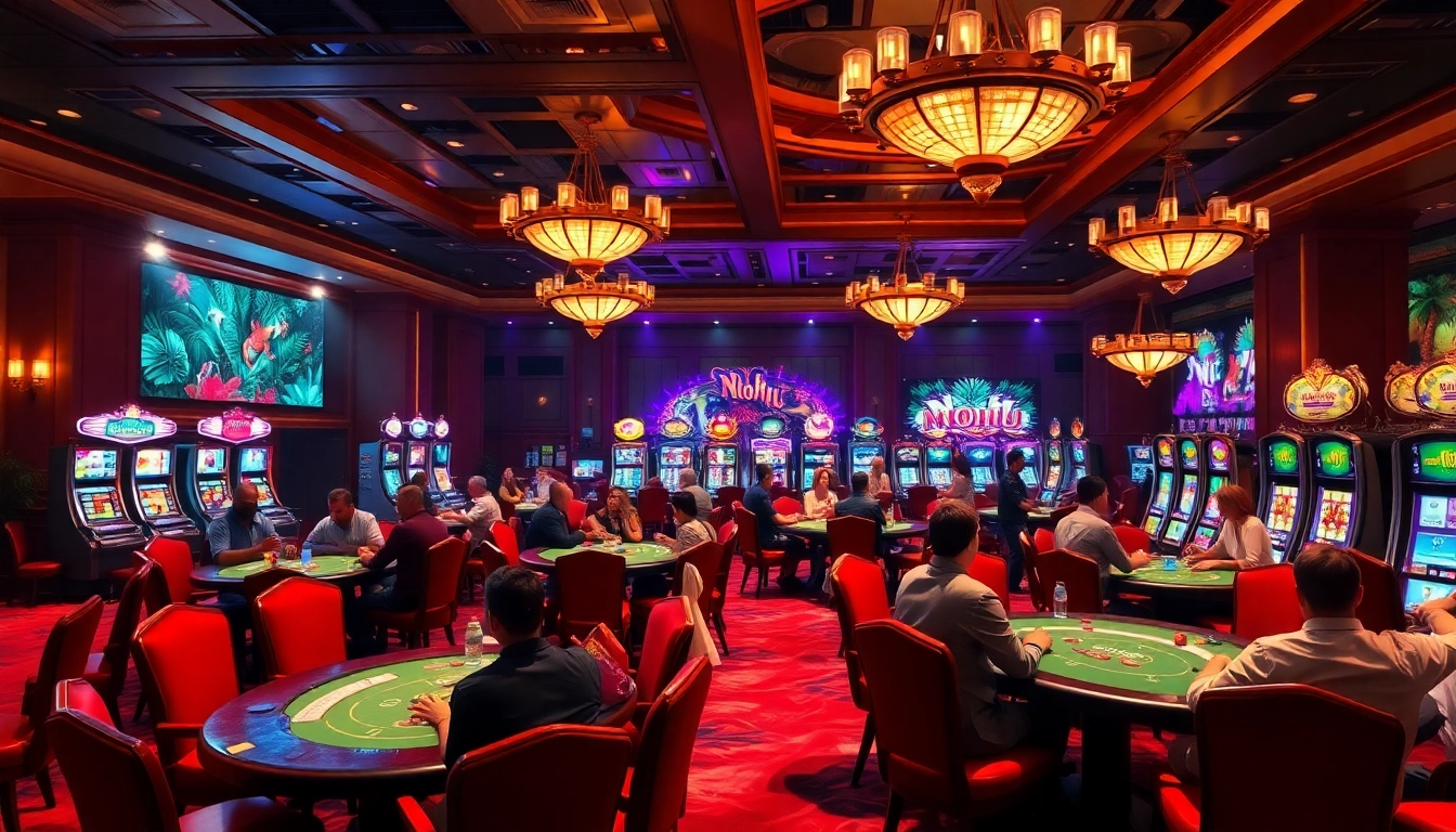 Nohu-themed casino scene featuring vibrant gaming tables and joyous players celebrating wins.