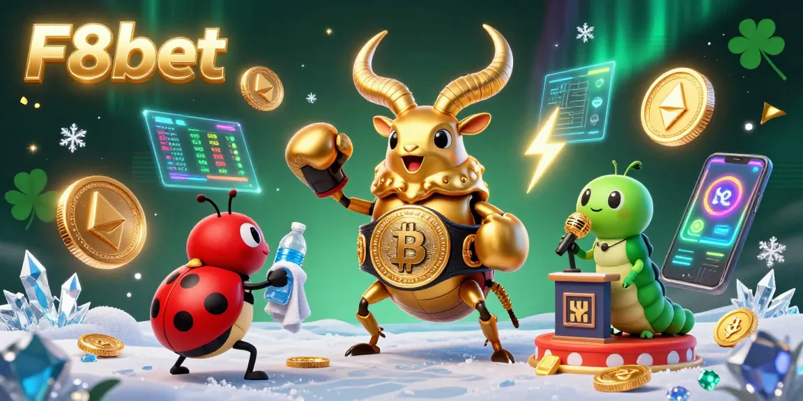 Capture the excitement of F8bet's casino scene with vibrant digital characters and animated crypto elements.