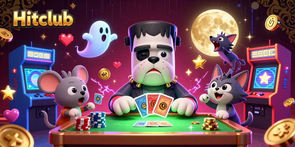 Hitclub showcases a lively game scene with a bulldog dealer at a casino table, capturing the excitement of gambling.