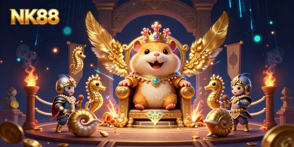 Watch the fierce hamster king reigning over a vibrant NK88 casino-themed throne.