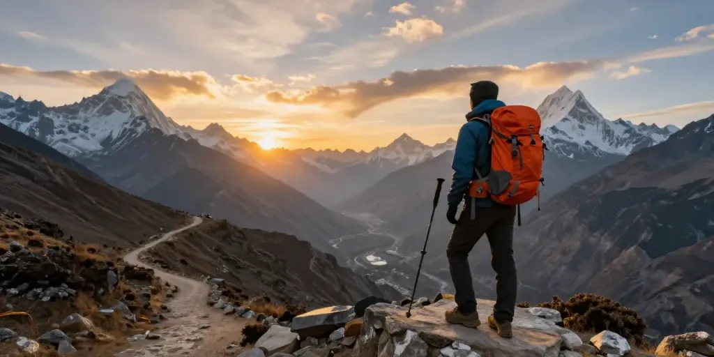 Vista del Manaslu Circuit Trek, un viajero contemplando valles y picos nevados al atardecer.