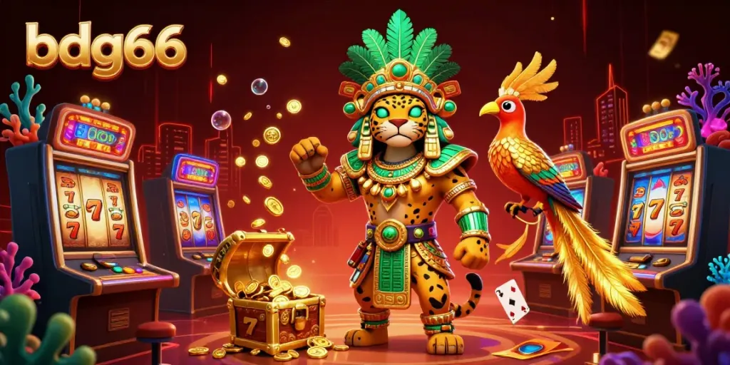 Experience thrilling gaming at bdg66 with vibrant casino elements and a majestic Mayan priest.