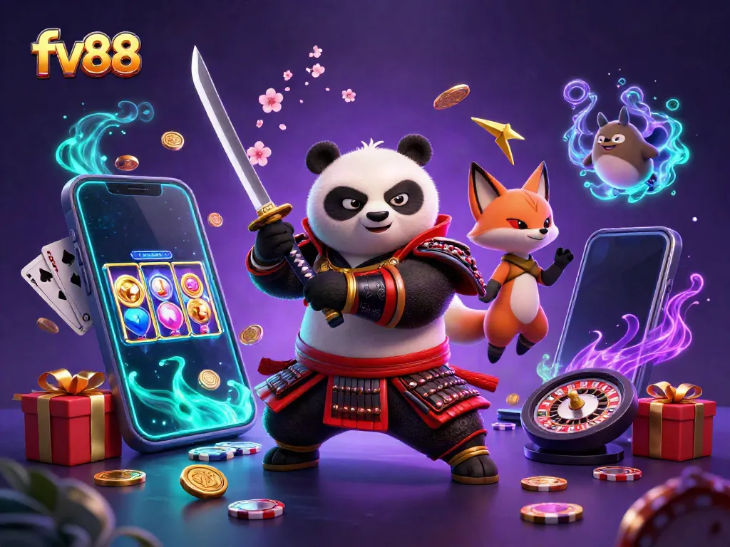 Engage with exciting slots at fv88 with a dynamic scene featuring samurai panda and ninja fox.