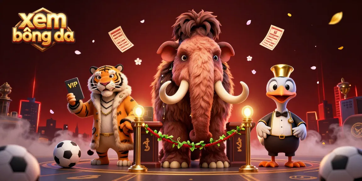 Xem bóng đá in a vibrant casino scene with a mammoth bouncer, saber-tooth VIP, and dynamic betting elements.