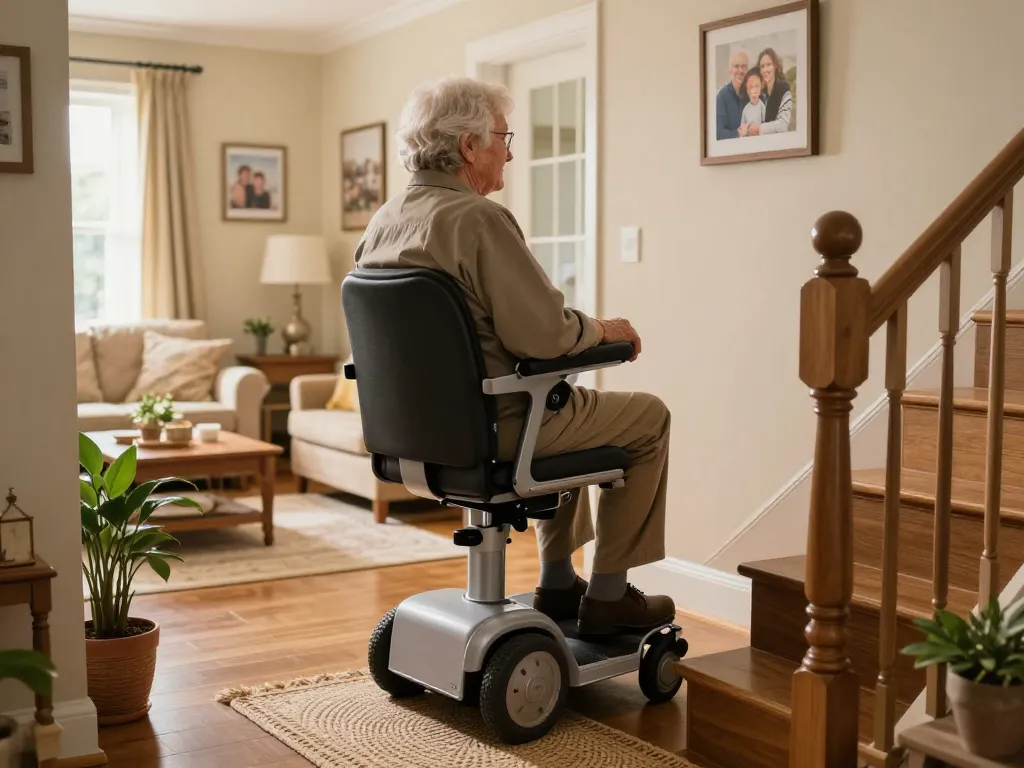 Senior using a stairlift to easily navigate home stairs, showcasing independence and safety.