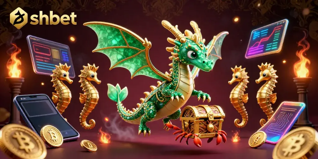 Experience shbet's vibrant casino excitement with 3D dragon and cryptocurrency elements.