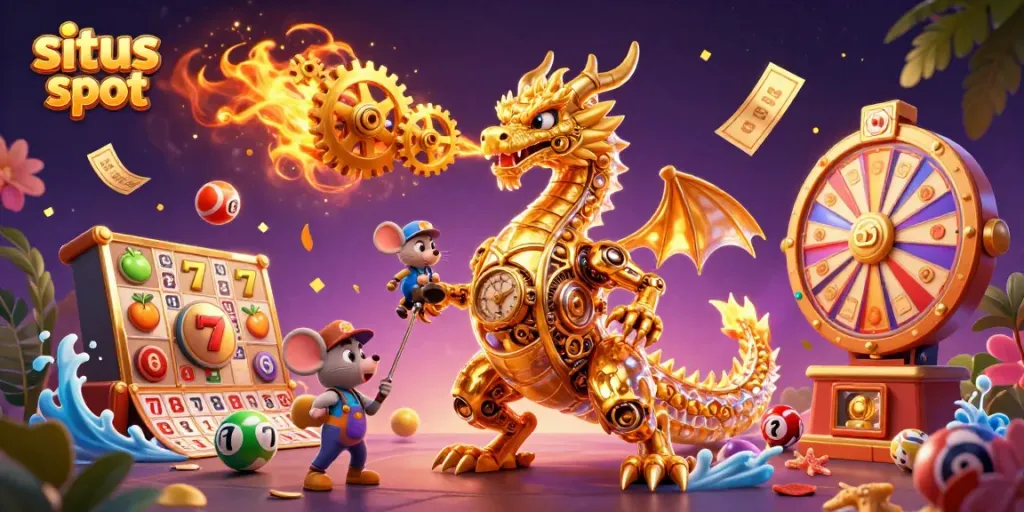 Engage with situs slot excitement featuring a golden dragon, slot reels, and vibrant lottery elements.