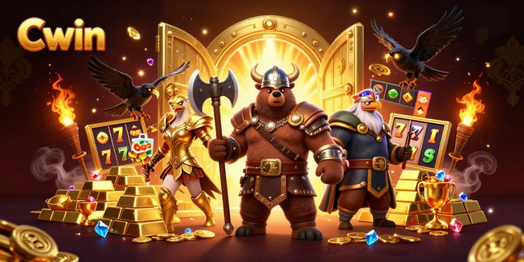 Cwin casino themed illustration featuring Viking bear, Valkyrie eagle amidst gold and slot reels.
