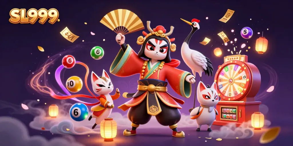 Experience the excitement of SL999 with colorful lottery elements and dynamic characters in a vibrant casino scene.