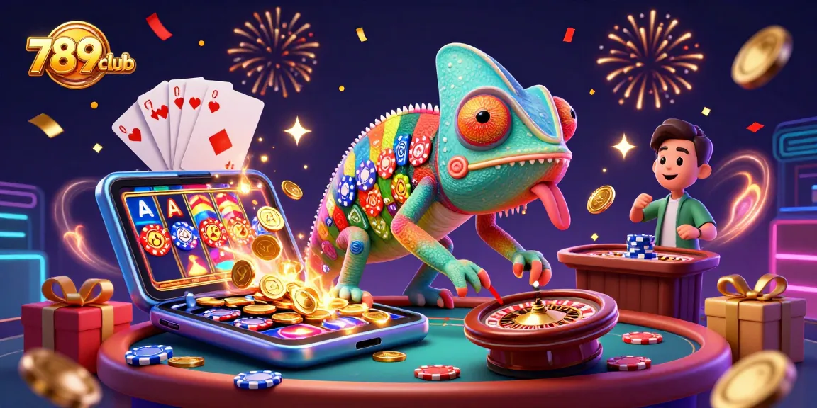 Engaging 789club casino scene with animated chameleon, slot games, and a festive atmosphere.