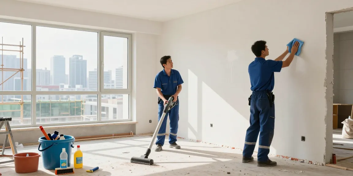 New construction site showcasing professional cleaning team while preparing for handover, emphasizing bauendreinigung preis.