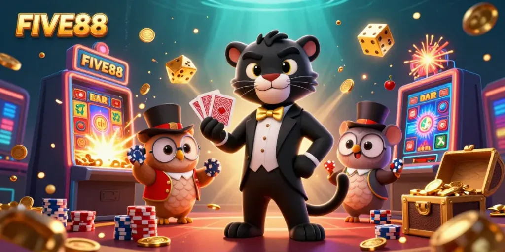 Engage with FIVE88's thrilling casino scenes featuring a talented dealer and lively characters.