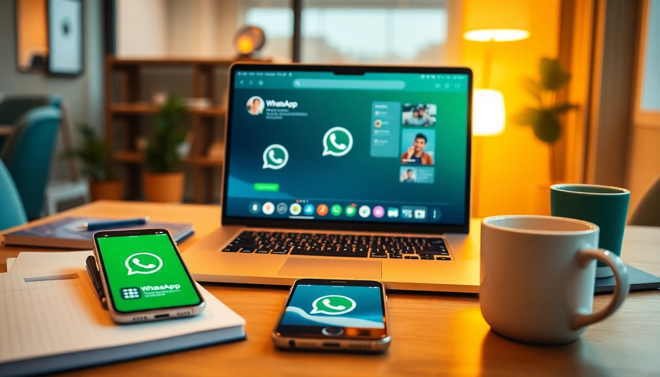 在配备现代化工作区的笔记本电脑上显示的 WhatsApp网页版界面，展示视频通话与位置共享功能。