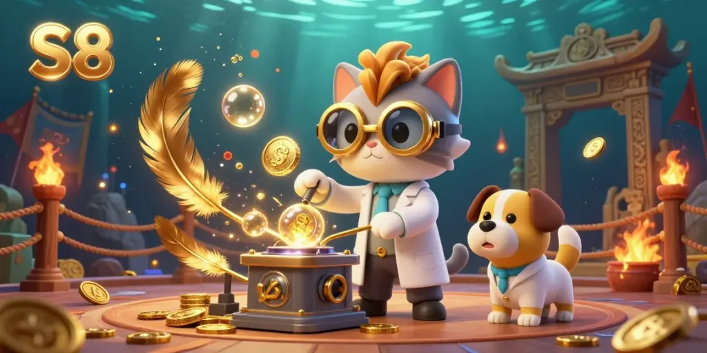 Experience the dynamic S8 casino scene with a mad scientist cat and lab assistant dog amidst swirling gold.