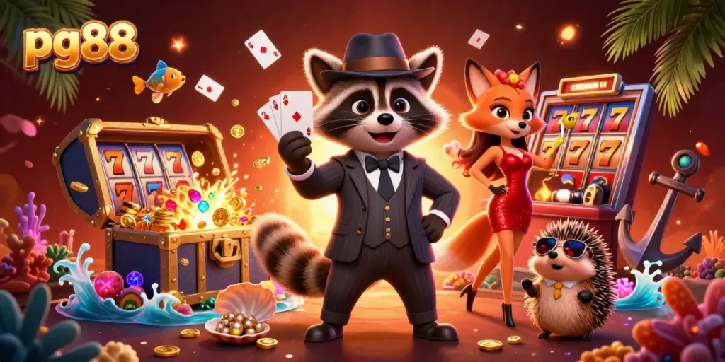 Experience thrilling moments at pg88 with elegant raccoon, fox and bouncer amidst casino excitement.