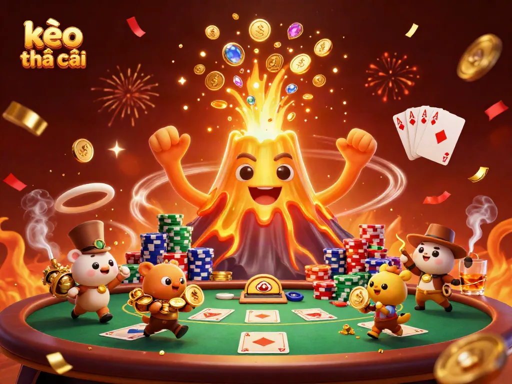 Experience kèo nhà cái excitement with a golden volcano and explorers amidst casino action.