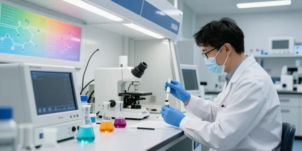 Scientist analyzing research peptides in a lab environment with advanced instruments.