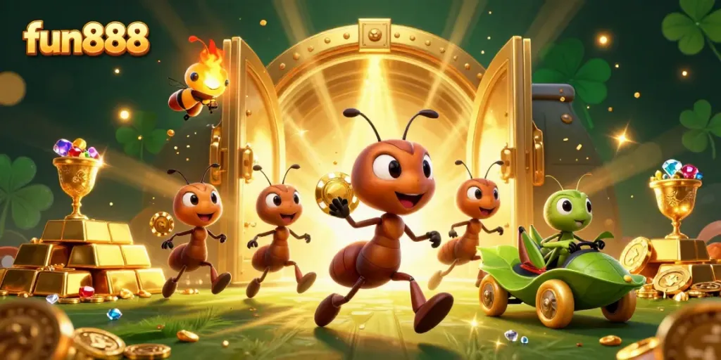Join the fun888 heist with ants carrying a giant poker chip in an exciting casino adventure.