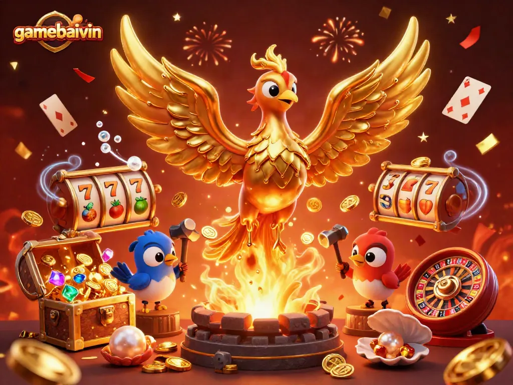 Experience thrilling games and winnings at gamebaivin with dynamic golden phoenix themed illustrations.