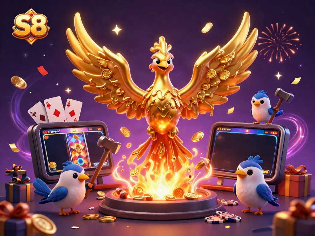 Experience thrilling wins with S8 at the vibrant online casino featuring golden phoenixes and dynamic gaming elements.