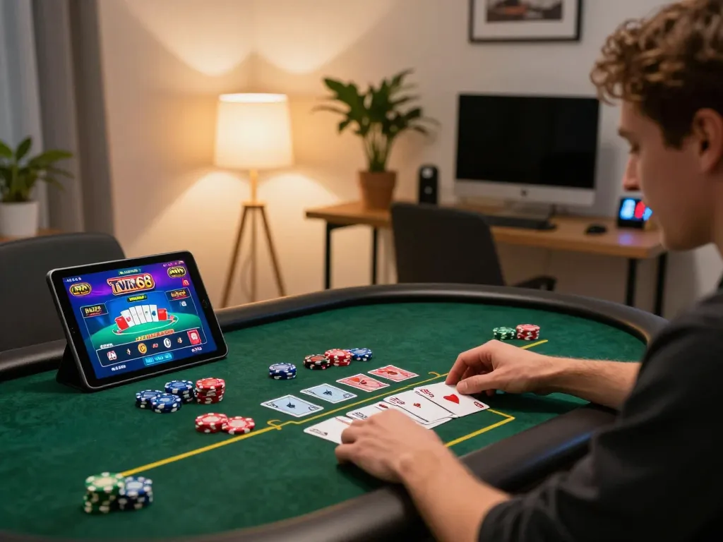 Twin68 online casino gameplay on tablet in a cozy home setup with vibrant graphics