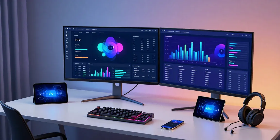 IPTV reseller management dashboard with advanced software tools and cloud computing integration, showcasing a modern tech workspace.