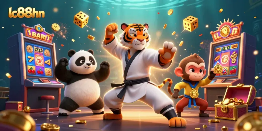 Experience dynamic fun with lc88hn's playful characters amidst bursting jackpots and vibrant casino elements.