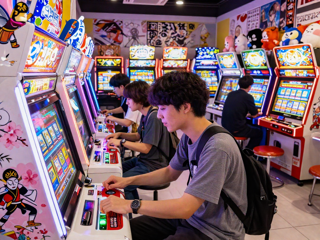 Engaging in a lively slot jepang gaming arcade filled with neon lights and excitement.