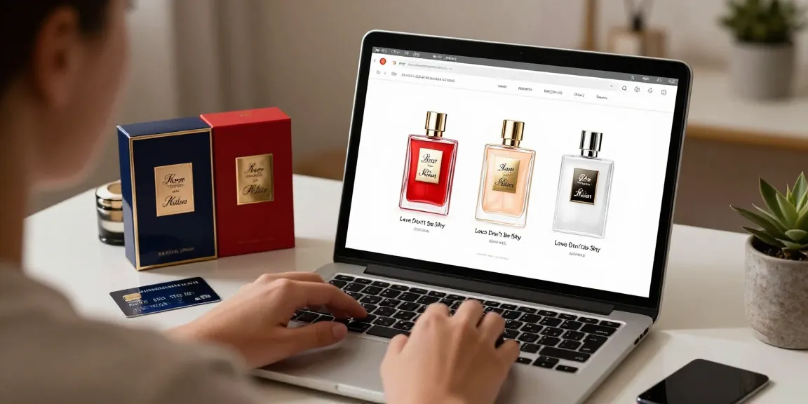 Kilian Love Don't Be Shy perfume displayed during online shopping, showcasing best deals for perfume samples.