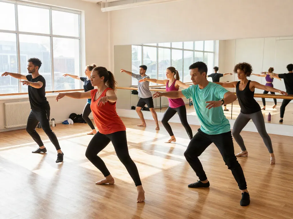 Dancers rehearsing in the studio at kineticsynergydancecompany.com, showcasing energy and teamwork in a vibrant environment.