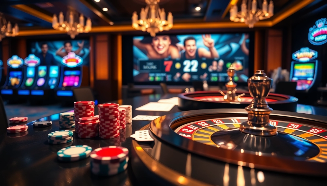 P3 online casino showcasing a vibrant gaming table with roulette, cards, and active players.