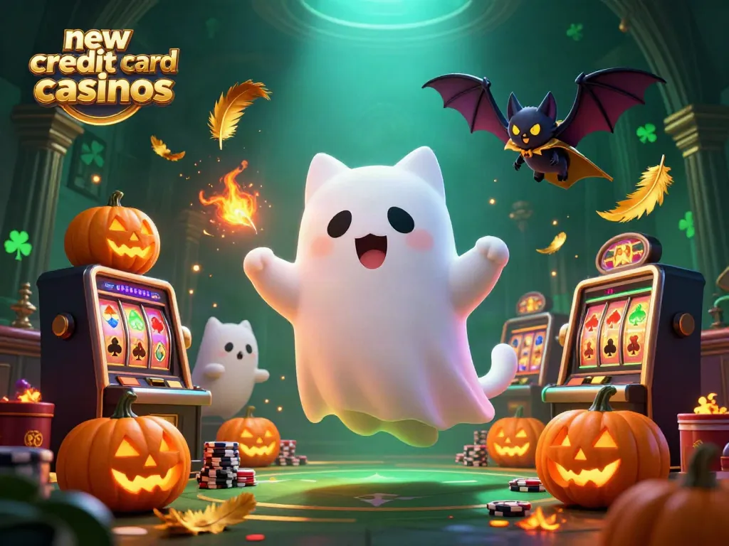 Experience the thrill of new credit card casinos with a ghost cat and vampire bat in a vibrant casino scene.