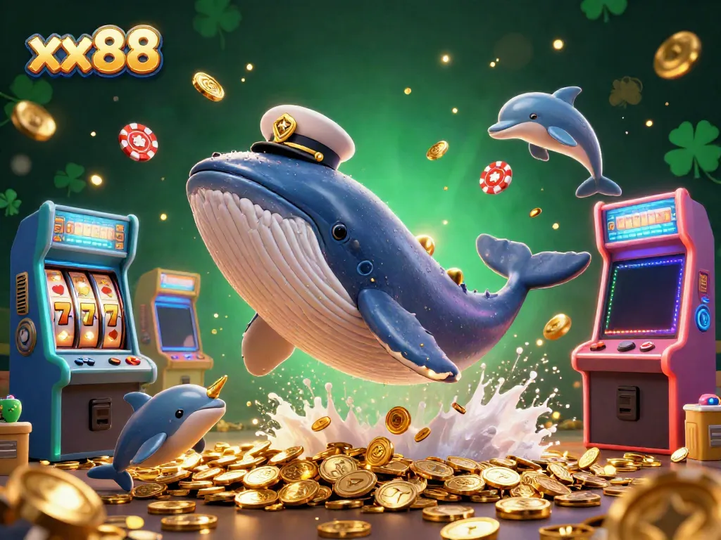 Experience the vibrant fun of xx88 with a whale, narwhal, and dolphins amidst casino-themed treasures.