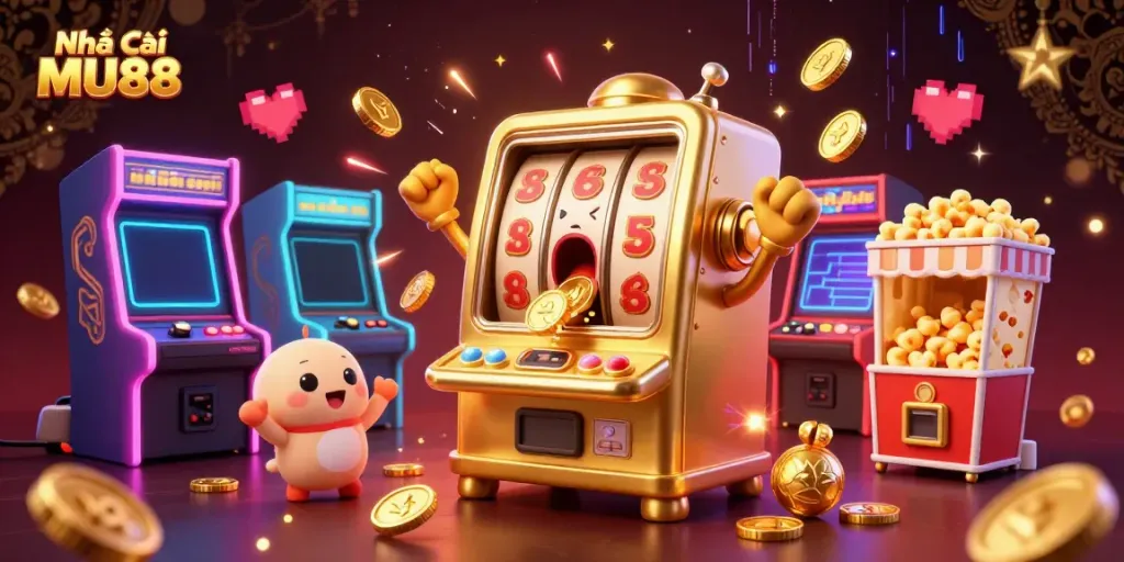 Players enjoy thrilling jackpots at Nhà cái MU88, with vibrant 3D golden slot machines and arcade elements.