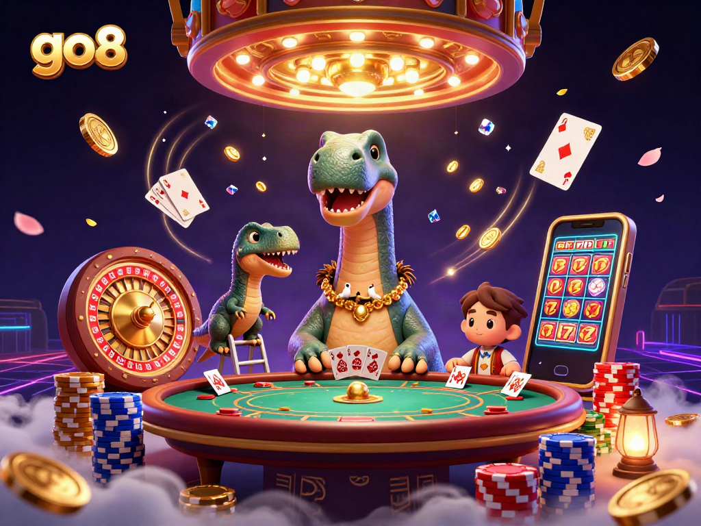 Go8's lively 3D casino scene featuring a brontosaurus, raptor dealer, and vibrant gaming elements.