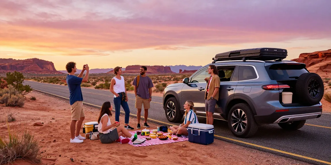 Friends enjoying a sunset road trip, celebrating together in a stylish SUV, seanbowieforaz adventure vibes