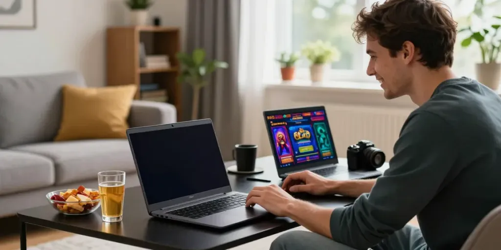 Engaged player enjoying gaming at Crusado Casino from home, cozy atmosphere.