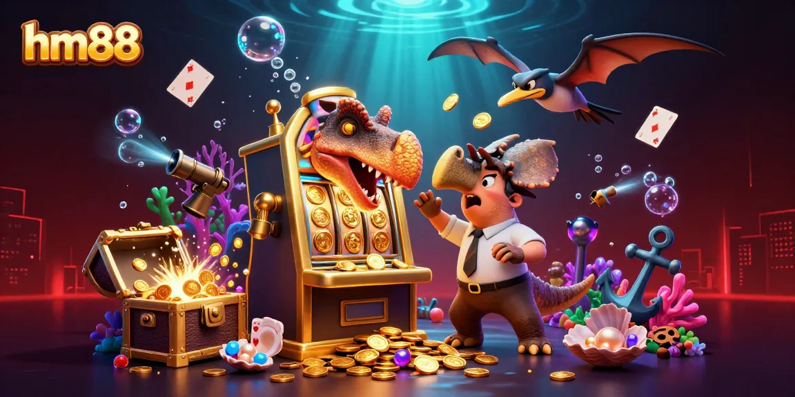 Experience big wins at HM88 as a pachycephalosaurus hits a golden slot machine for a jackpot