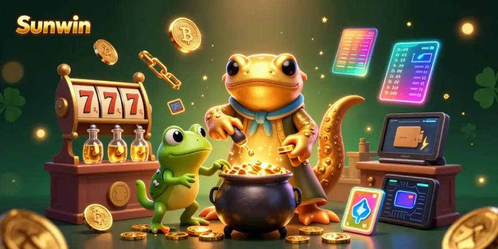 Sunwin players enjoy lively slot games in a magical alchemist's lab, brimming with gold coins and crypto elements.