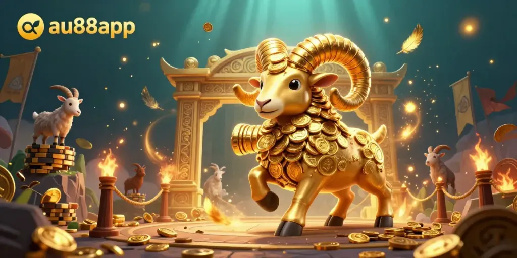 Experience the thrilling action at au88app, where a golden ram charges through a lavish gaming arena.