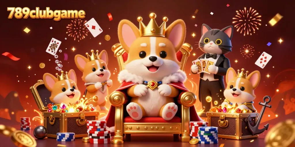 Win big with 789clubgame at the royal corgi's casino throne surrounded by magical treasures.