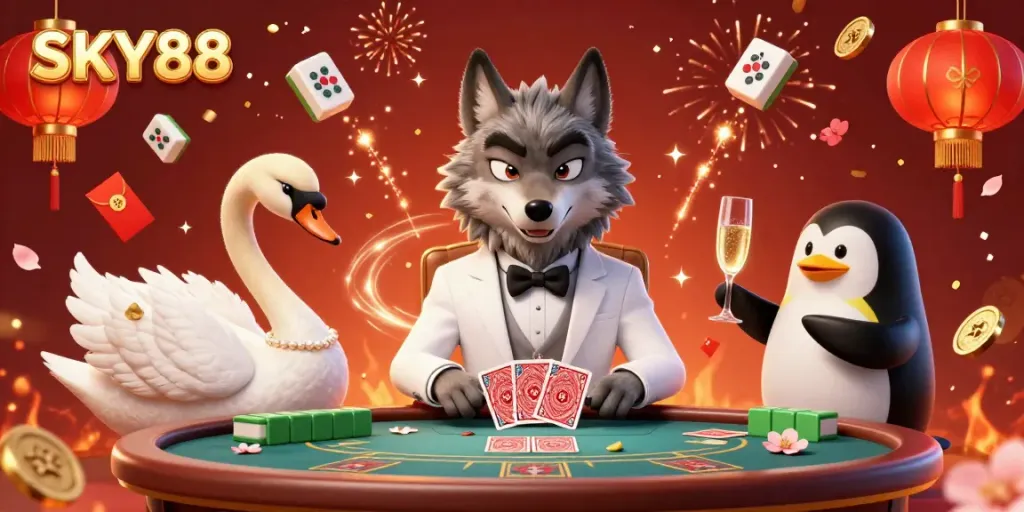 Experience the vibrancy of SKY88 with a cartoon ensemble at a baccarat table, showcasing opulence and excitement.